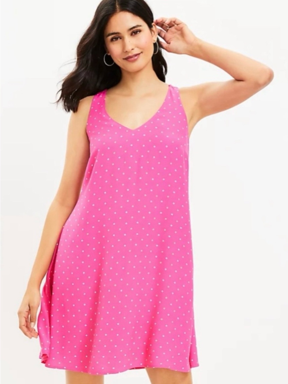 LOFT Pink Polka Dot Criss Cross Back Midi Dress Size L